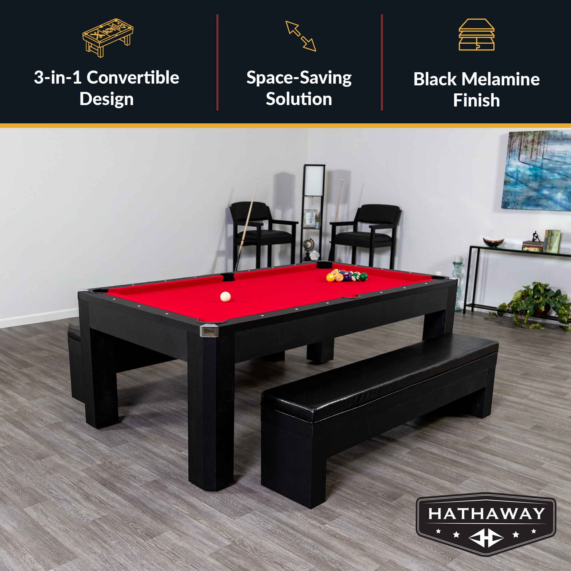 Park Avenue 7-ft Pool Table Combo Set with Benches - Black with Red Felt