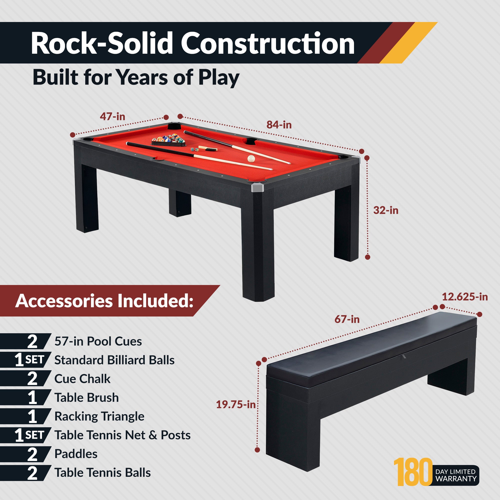 Park Avenue 7-ft Pool Table Combo Set with Benches - Black with Red Felt