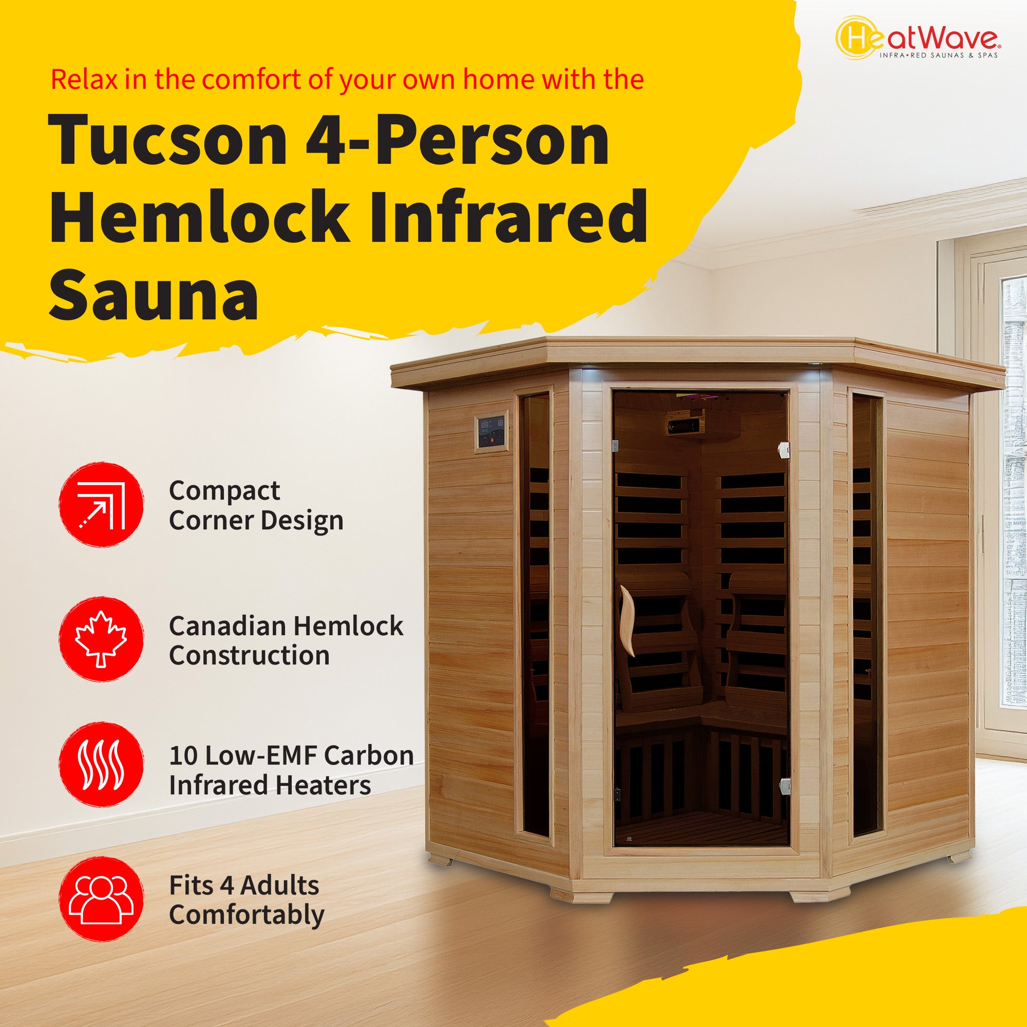 Tucson 4-Person Hemlock Corner Infrared Sauna with 10 Carbon Heaters