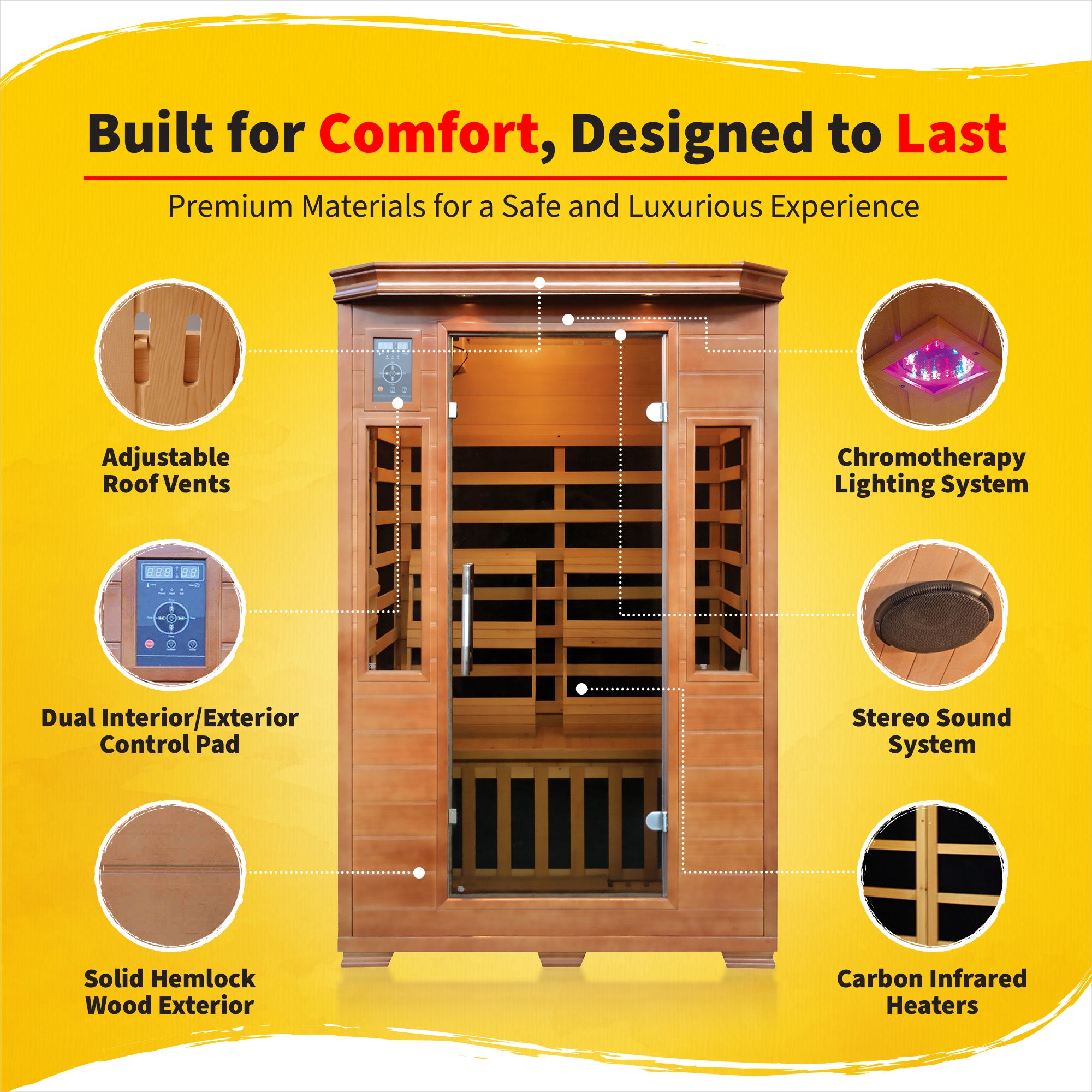 Blue Wave Majestic 2-Person Hemlock Premium Infrared Sauna with 6 Carbon Heaters