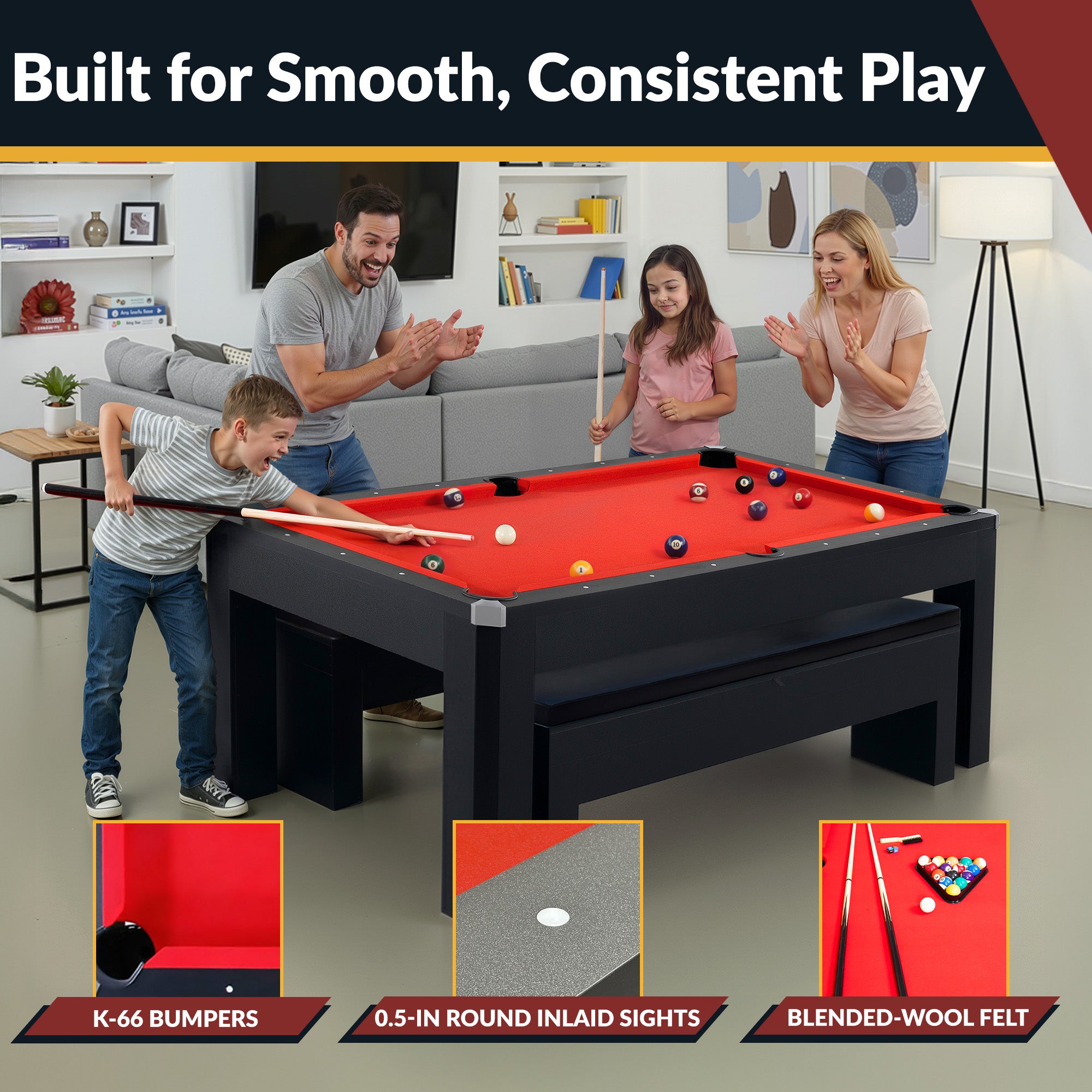 Park Avenue 7-ft Pool Table Combo Set with Benches - Black with Red Felt