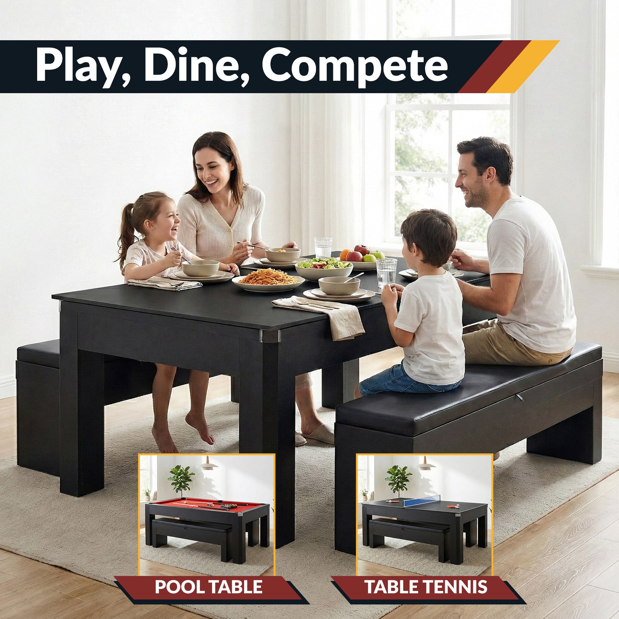 Park Avenue 7-ft Pool Table Combo Set with Benches - Black with Red Felt
