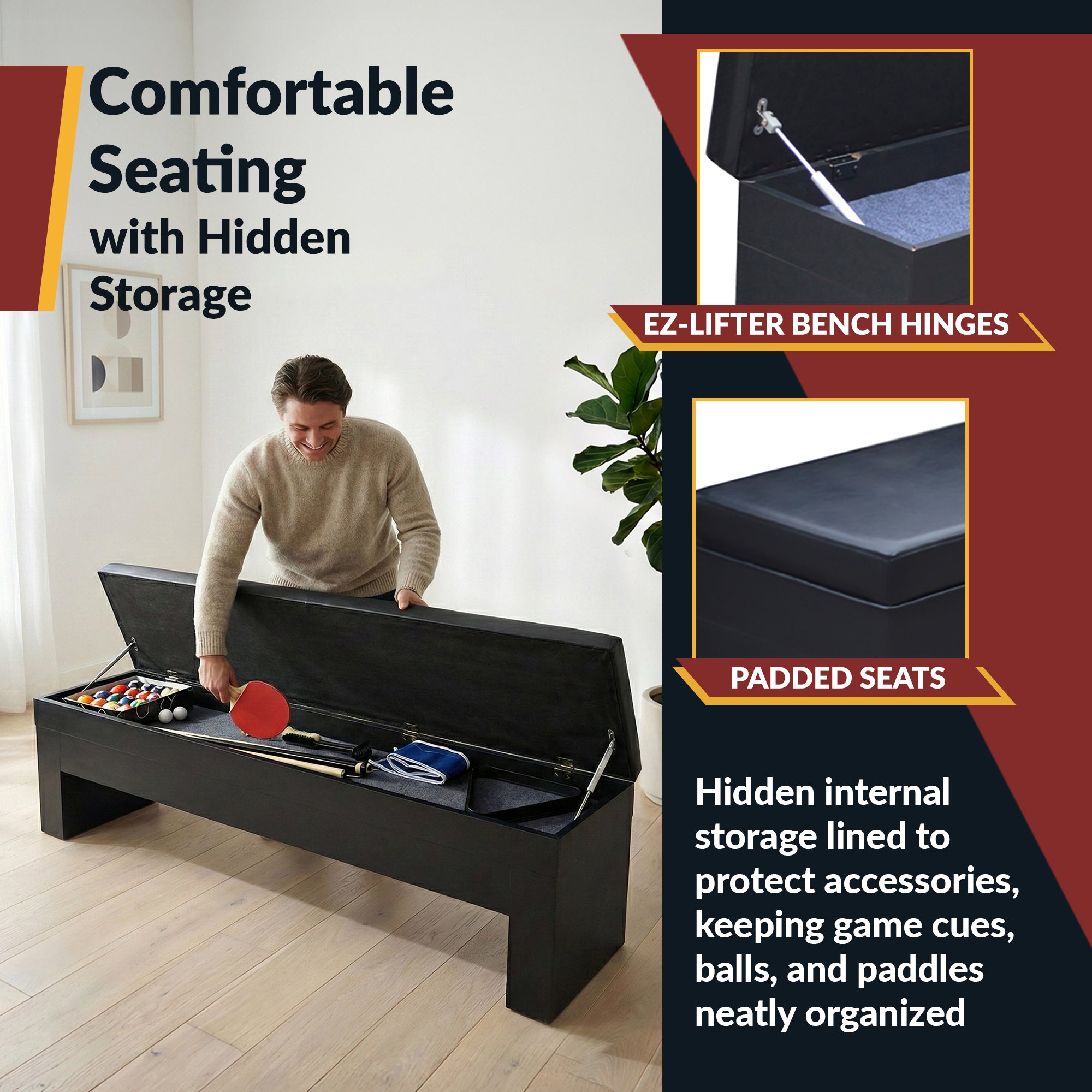 Park Avenue 7-ft Pool Table Combo Set with Benches - Black with Red Felt