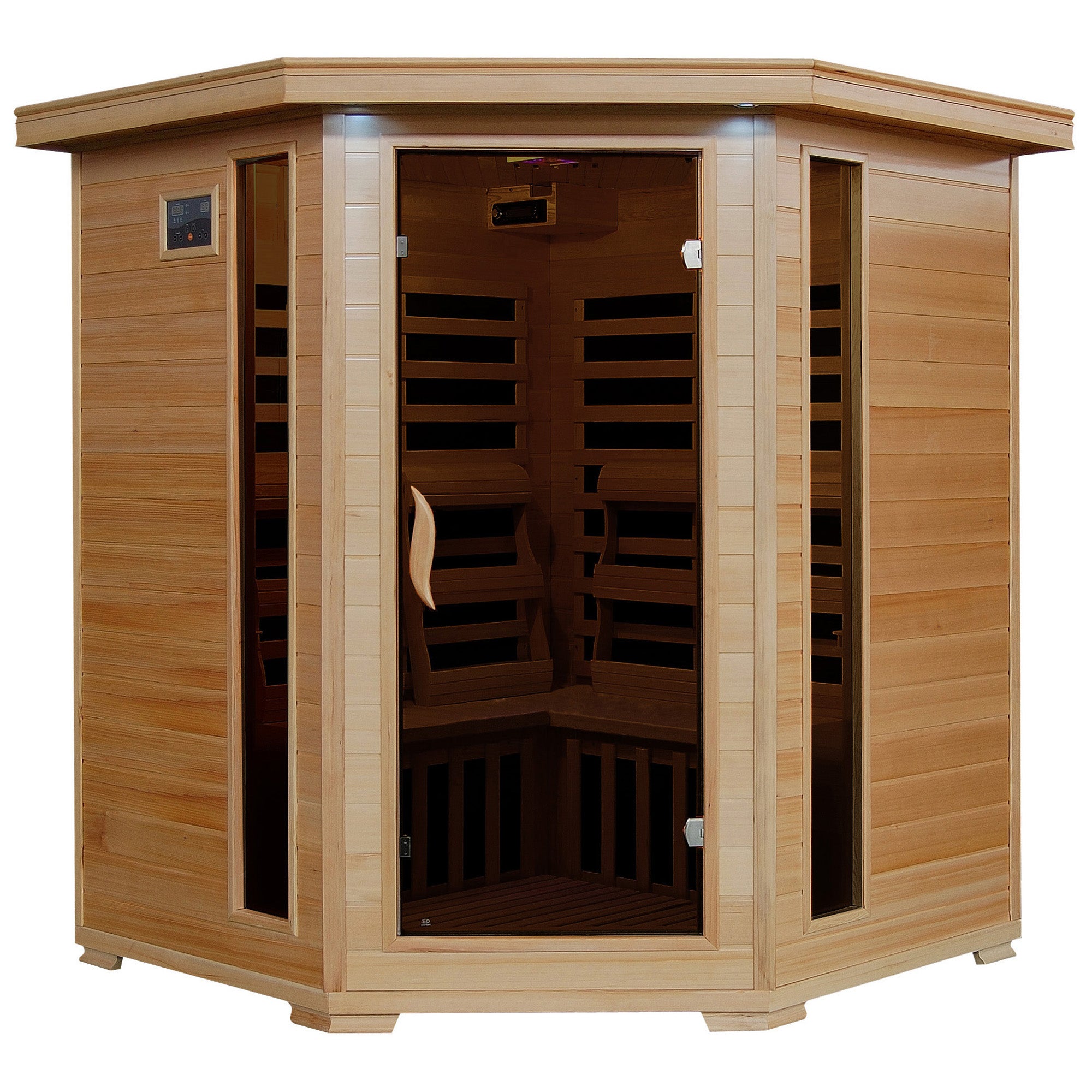 Blue Wave Tucson 4-Person Hemlock Corner Infrared Sauna with 10 Carbon Heaters