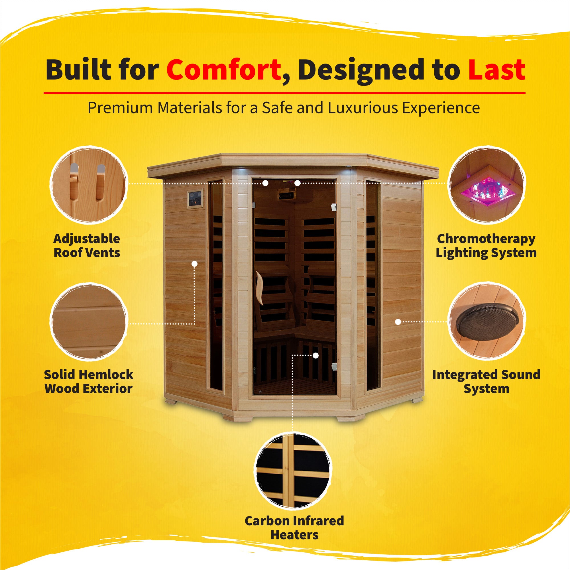 Blue Wave Tucson 4-Person Hemlock Corner Infrared Sauna with 10 Carbon Heaters