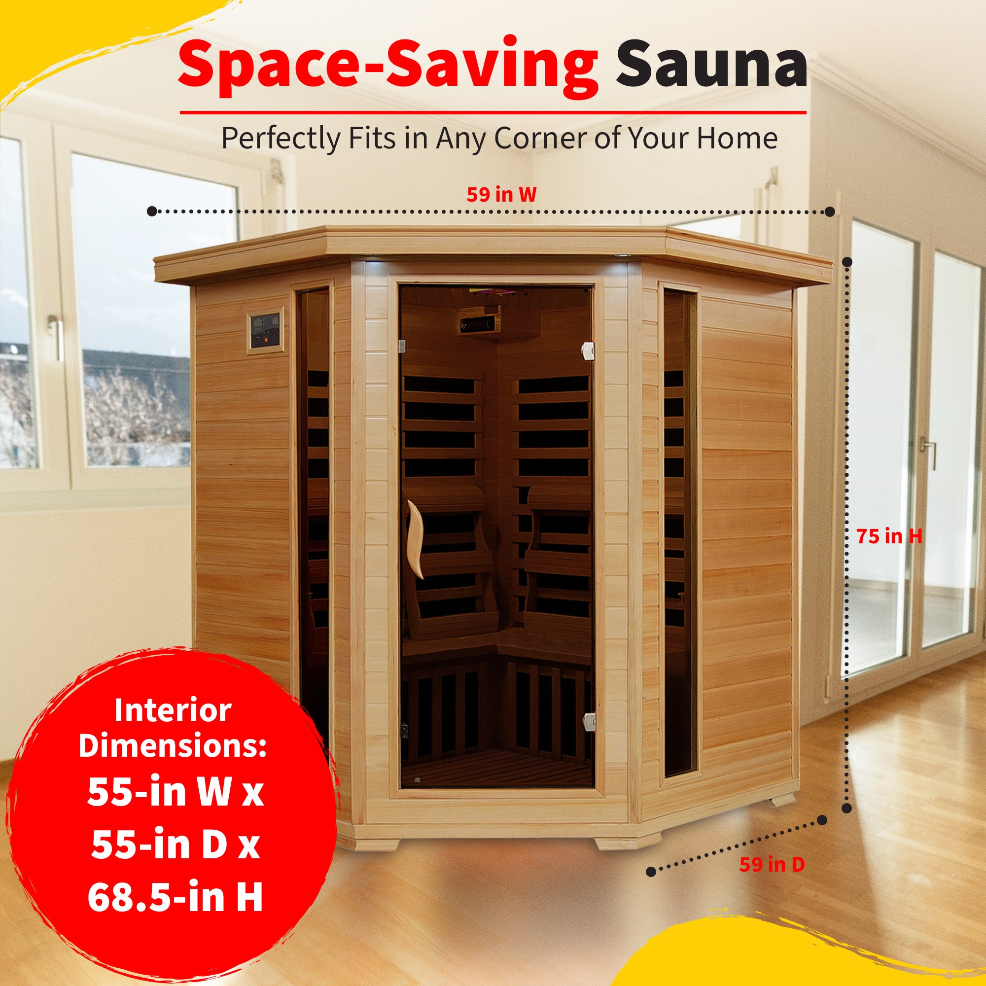 Blue Wave Tucson 4-Person Hemlock Corner Infrared Sauna with 10 Carbon Heaters