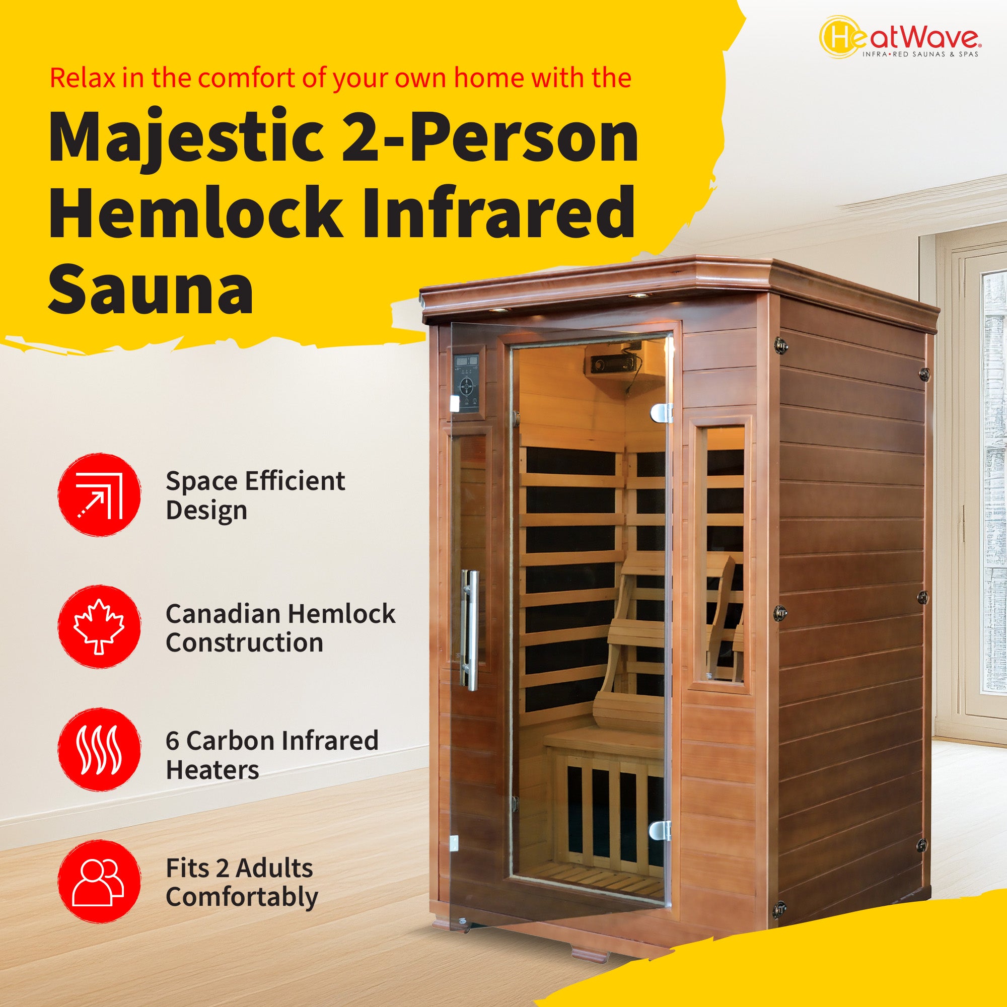Blue Wave Majestic 2-Person Hemlock Premium Infrared Sauna with 6 Carbon Heaters